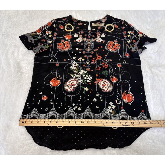 Piccione Piccione Black Floral Short Sleeve 100% Silk Blouse Top Sz 8/44 Italy - Picture 11 of 11